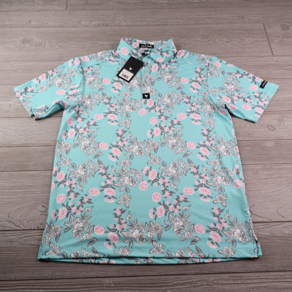 NWT Bad Birdie Petal To The Metal Golf Polo Men's Small Blue Pink Floral AOP